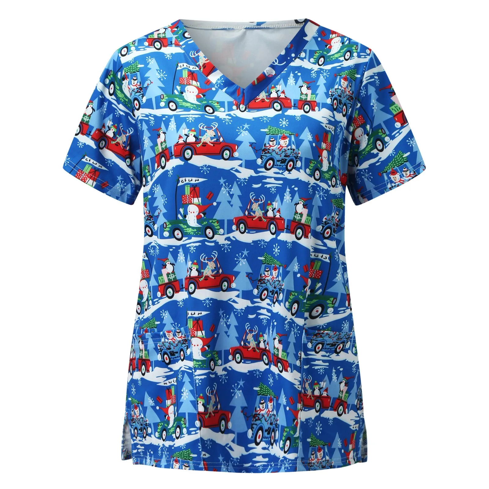 

Christmas Cute Print Scrubs Medical Uniforms Woman Clinic Short Sleeve Nurse Tops Carer Workwear Tee mundurki medyczne damskie