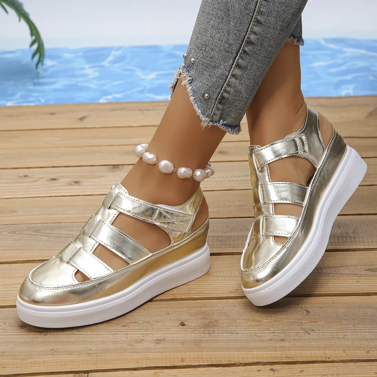 Women Sandals New Summer Wedges Heels Platform Sandals Women Hollow Out Gladiator Sandals Breathable Thick Sole Shoes for Women - 2