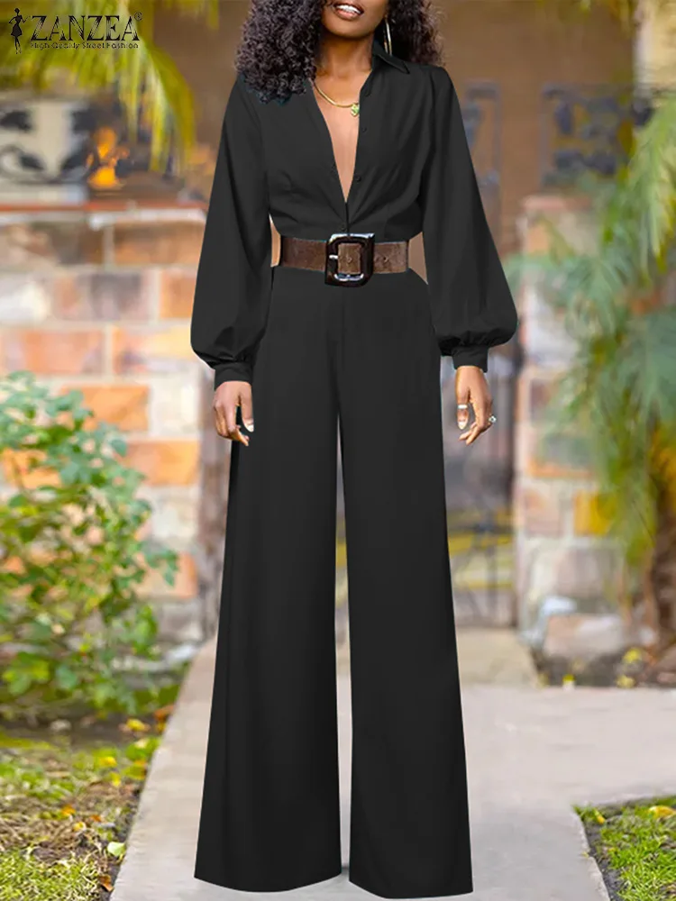 

ZANZEA Women Elegant Solid Romper Fashion Wide Leg Pant Playsuit 2024 Spring Long Lantern Sleeve Jumpsuit Casual Waisted Overall