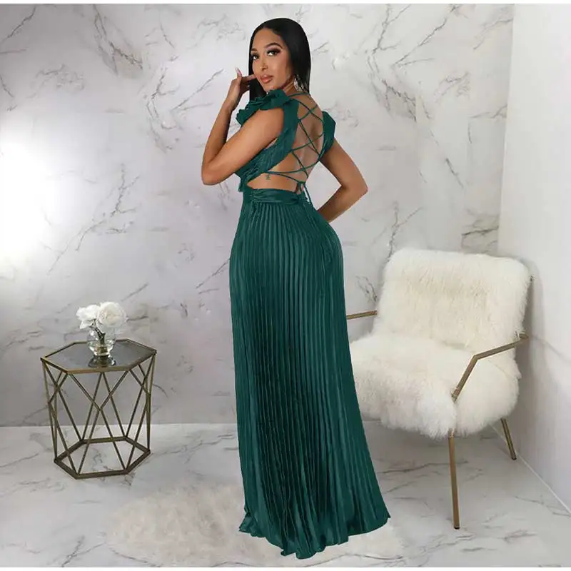 Women Solid Backless Elegant Long Dresses V-neck Pleated A-line Sexy Frock 2023 Spring Summer Evening Party Casual Style Dress