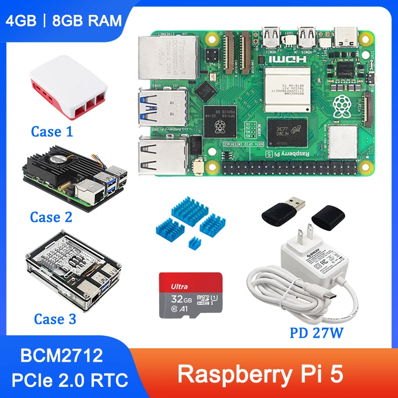 

Оригинальный Raspberry Pi 5 8 ГБ 4 ГБ ОЗУ BCM2712 2,4 ГГц VideoCore VII GPU 4Kp60 PCIe 2,0 RTC дополнительно чехол Fan источник питания для RPi5