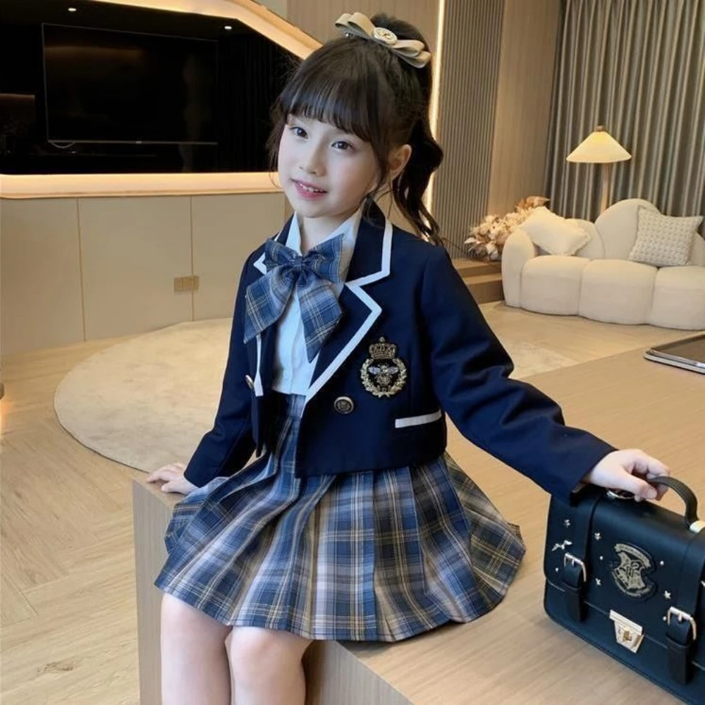 Preppy Style Girls Spring Autumn Casual 3ps Embroidery Printing Coat+Single Breasted White Shirt+Plaid Elastic Waist Mini Skirt
