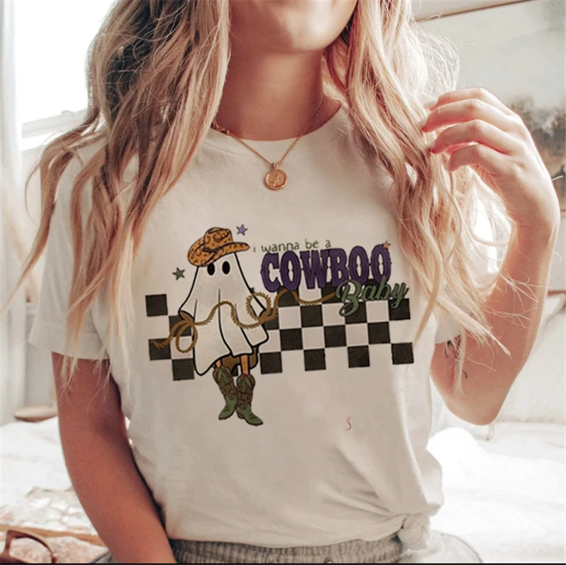 Lettera stampata bianca cartone animato Halloween autunno maglietta casual vestiti tendenza anni '90 donna donna T costume donna stampa grafica925_voghion.com