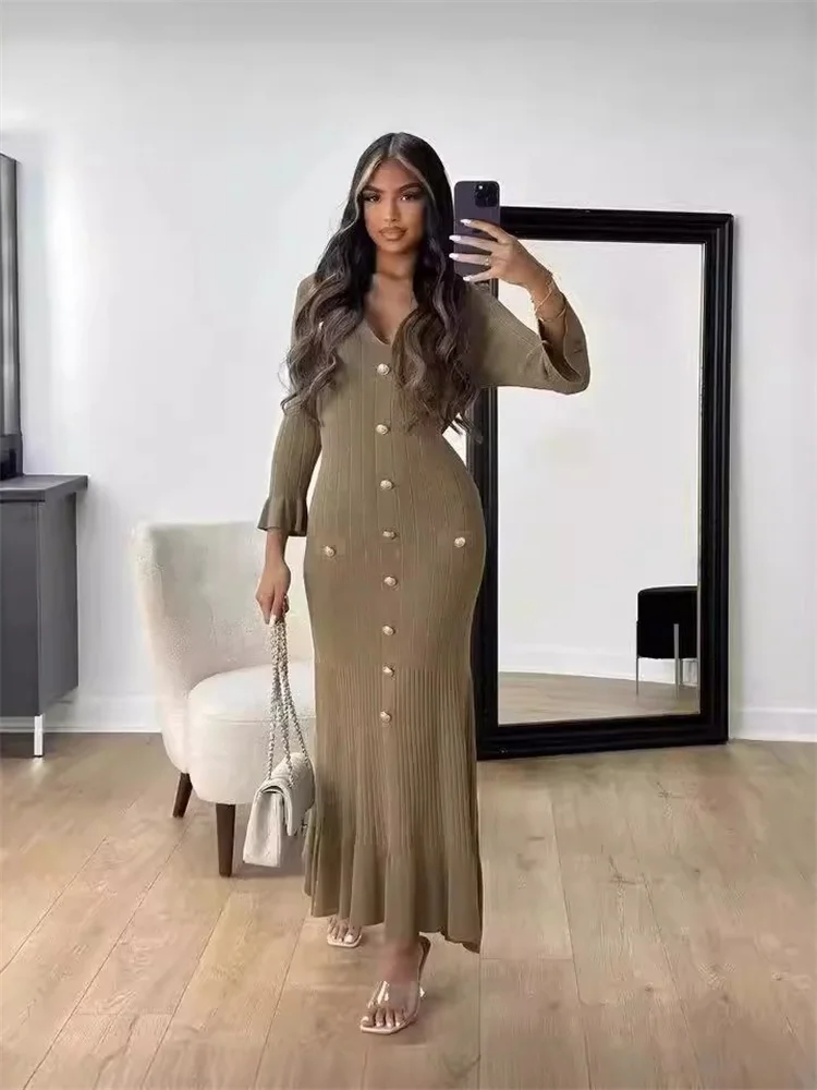 Wmstar Dresses for Women Wholesale Long Sleeve Bodycon Knitted V Neck Maxi Dress Fashionable for Fall Winter Drop Shopping