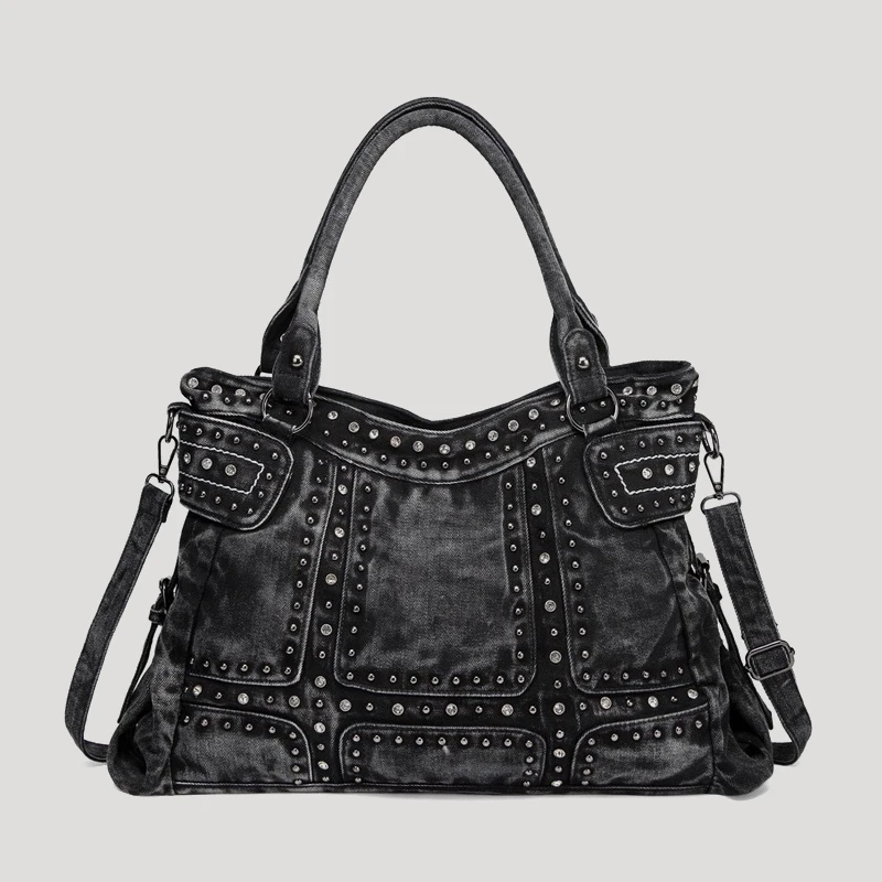 Bolsos de mano de tela vaquera de gran capacidad para mujer, bolso de mano de diseñador de lujo, bolso de hombro con remaches de mosaico y diamantes de imitación, novedad de 2024
