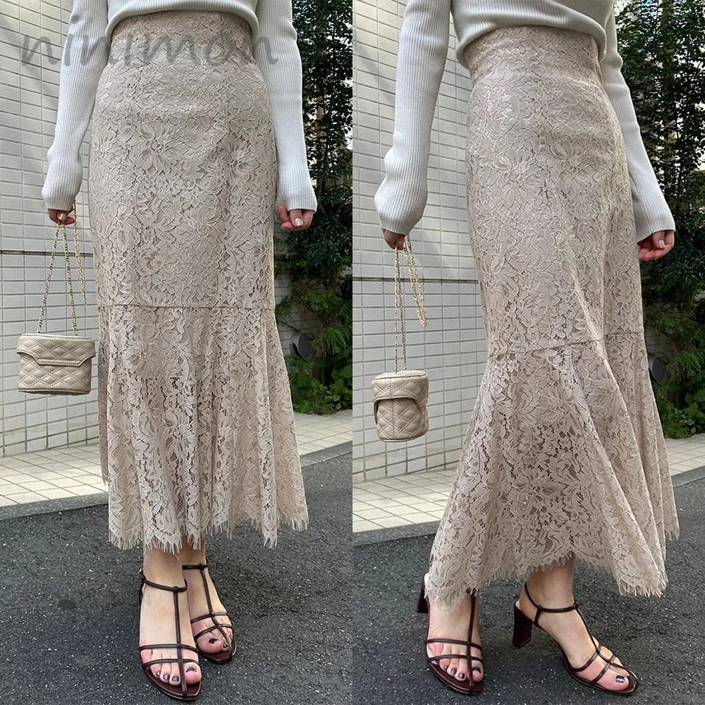 

NINIMON Lace Hook Flower Slim Skirt Mermaid Midi Long Skirts Vintage Elegant Office Lady High Waist Lace Tulle Package Hip Fisht