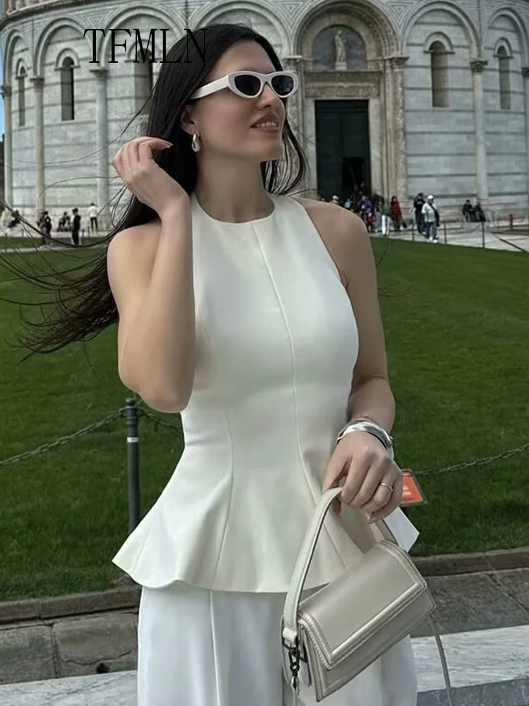 TFMLN Women Pink Halter Tank Tops Sexy Backless Sleeveless Female Chic Tops 2025 Summer New Women Side Zipper Fashion Top