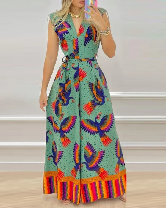 Elegant and Handsome Girl Sleeveless V-Neck Positioning Printing Wide Leg Long Pants Jumpsuit New Design