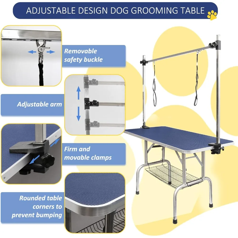 Folding 46-inch Pet Grooming Table with Adjustable Height Arm, Noose, and Mesh Tray for Home Bathing Station
