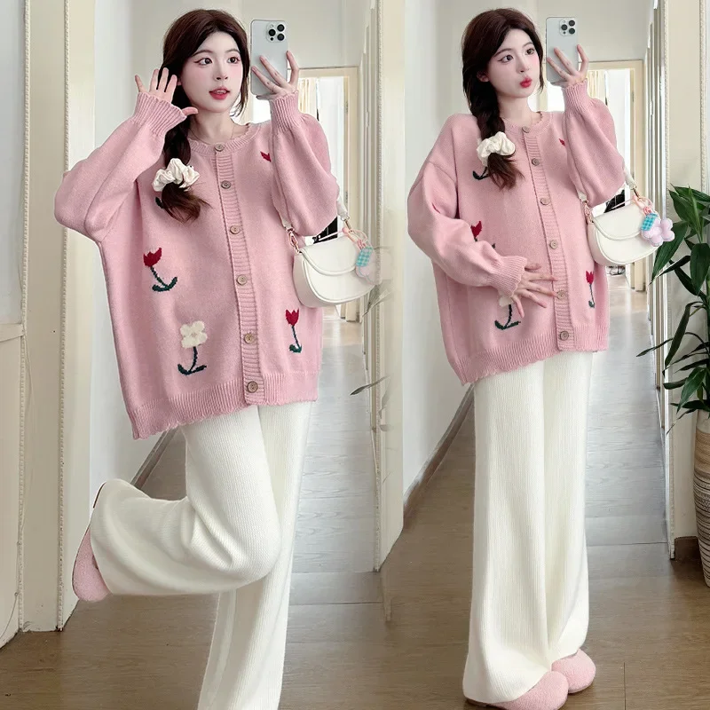 FashionableStylish Floral Age-Reducing Lazy Casual Thickened Sweater Jacket Knitbell Bottoms 2-Piece Set For Pregnant Women