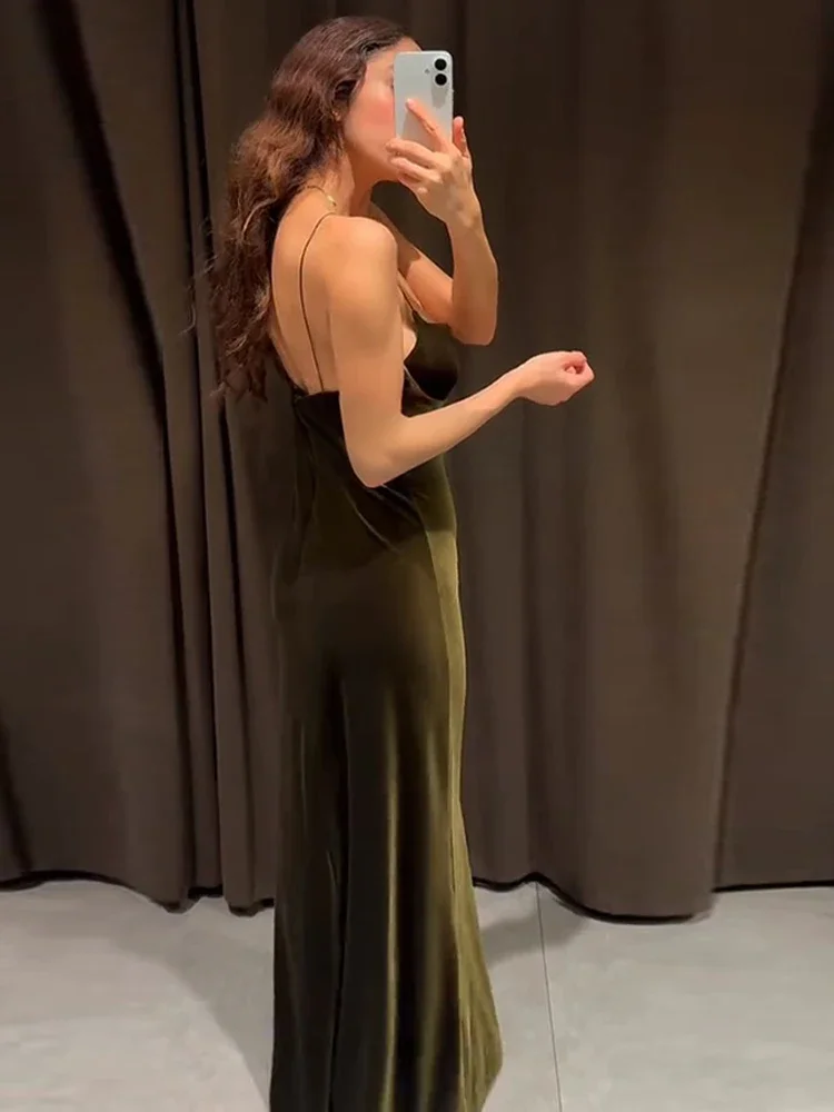 Damen-Maxikleid, olivgrün, Samt, tiefer V-Ausschnitt, ärmellos, schmale Robe, Herbst-Winter, Damen, Abendessen, Partys, Abendkleider – Detail 5