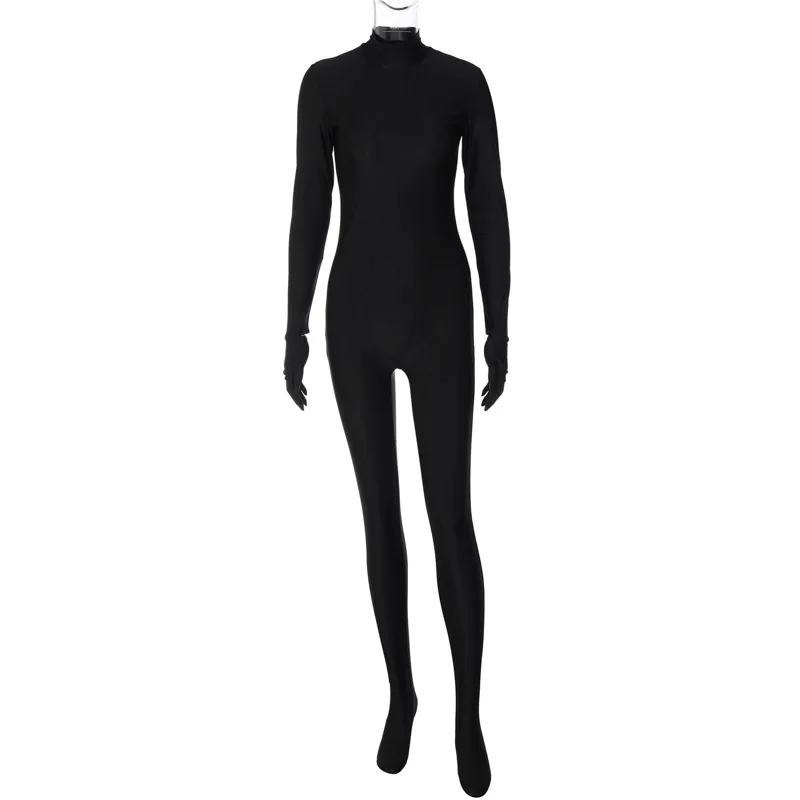 2022 Black Turtleneck Long Sleeve With Gloves Zip Up Sexy Bodycon Jumpsuit Fall Winter Streetwear Party Romper Overalls