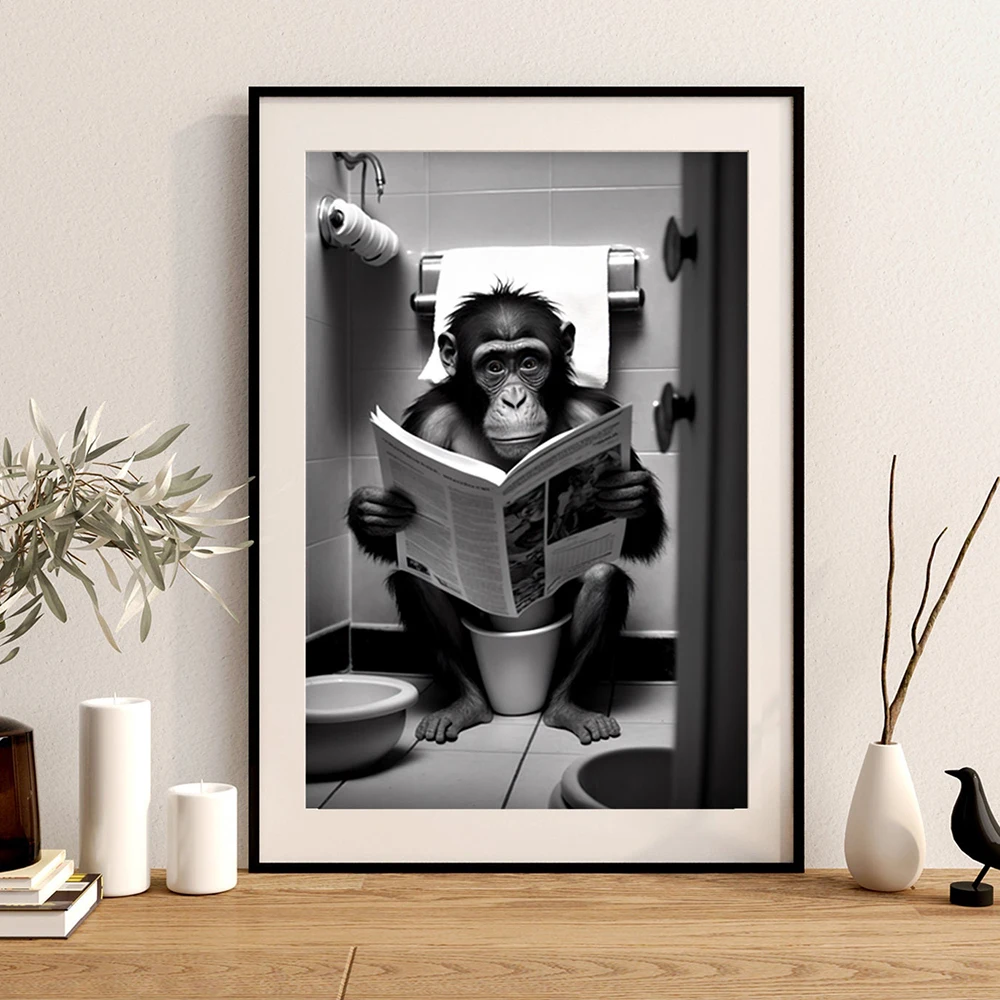 Animals Sitting on the Toilet Reading a Newspaper Prints Funny Bathroom Wall Decor Pictures Monkey Dog Cow WC Wall Poster