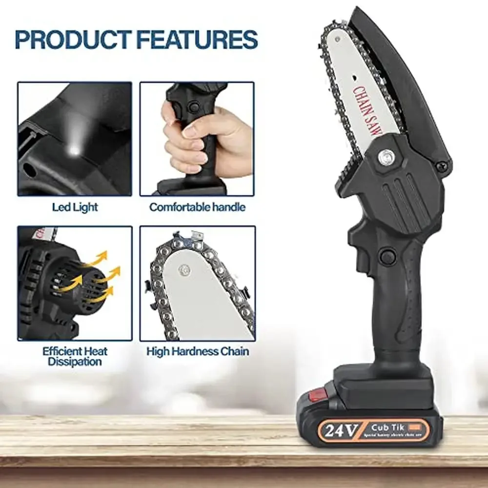 4-Inch Portable Handheld Mini Electric Chainsaw with 2 Batteries High Efficiency Lightweight Cordless Chainsaw Wood Cutting and 5