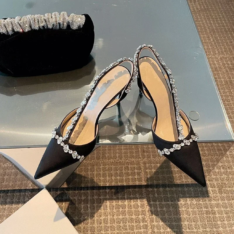 2023 Summer New Fashion Sandals Rhinestone Silk Cloth Stiletto Women's Shoes Temperament Dress Pointed Toe Super High Heels