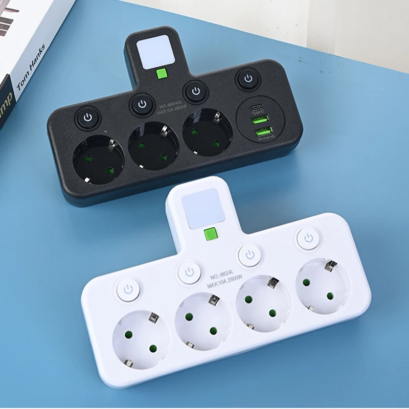 Desktop EU Plug Power Strip with 3 AC Outlets + 2 USB Ports + 1 Type C, 6-in-1 Plug Socket Adapter Wall Charger for Home Office