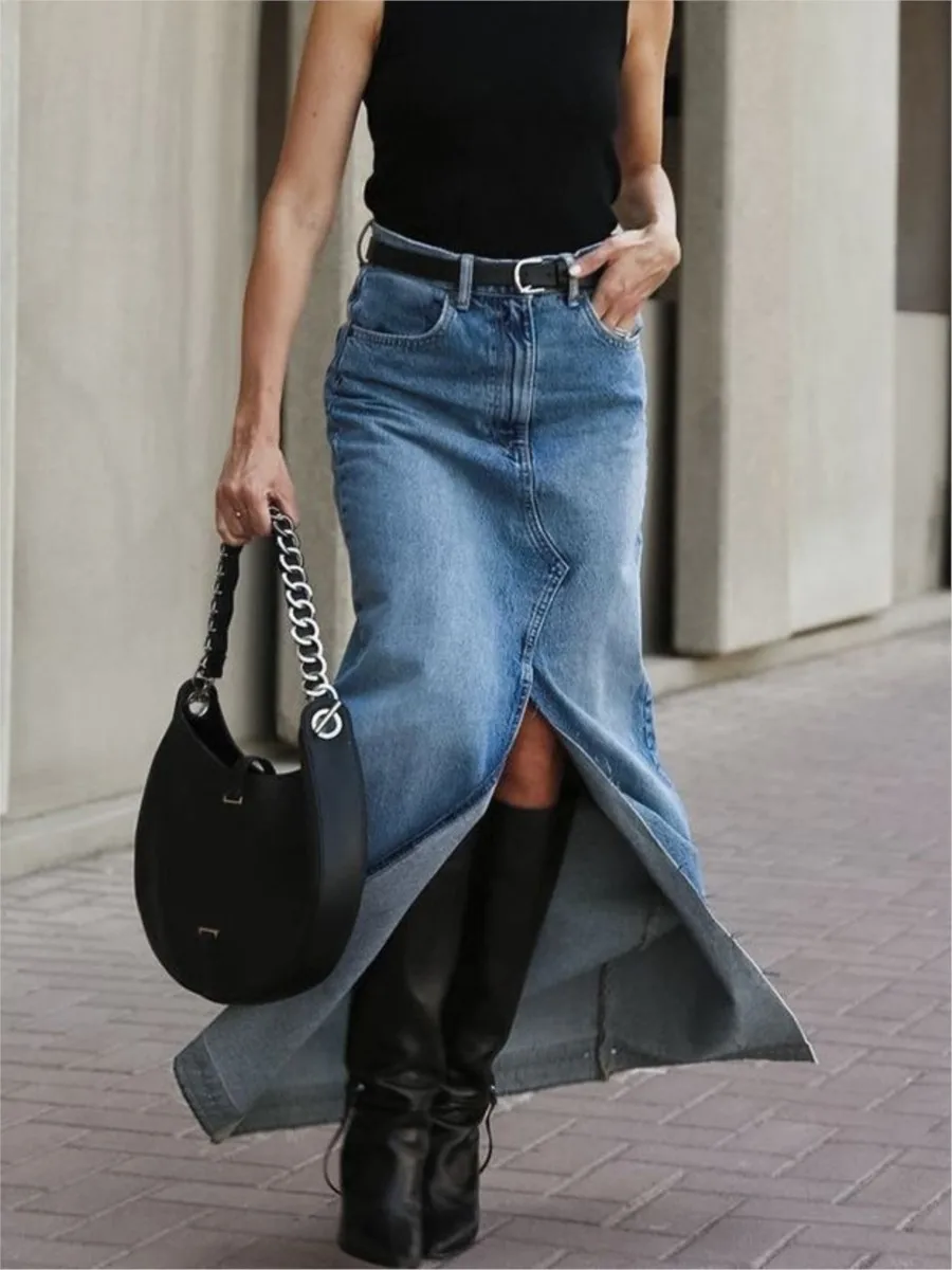 

Blue Long Denim Skirt 2024 New High Waist Vintage Distressed Split Midi Skirts For Women Streetwear Fashion Office Lady Faldas