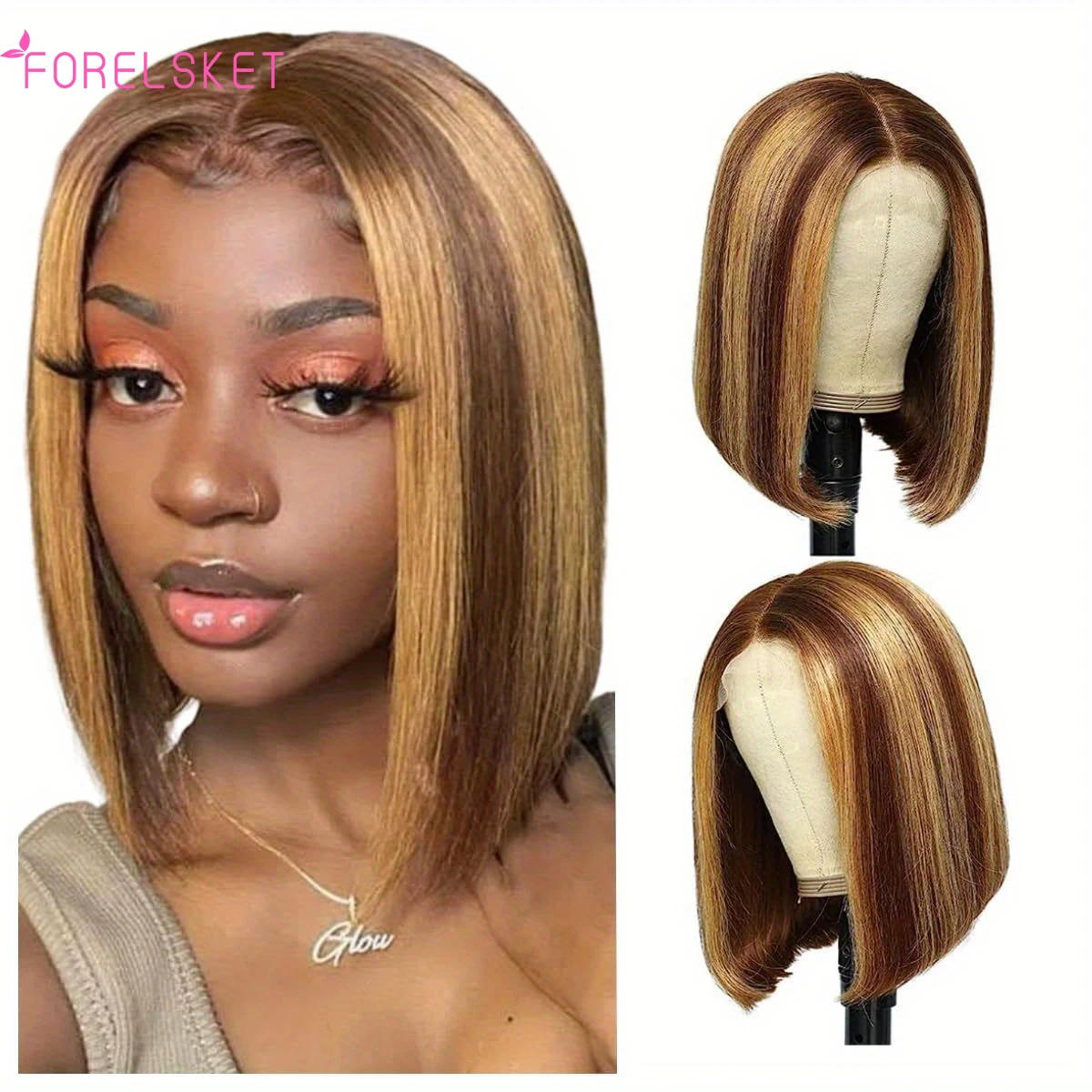 

Glueless Wear To Go Highlight Straight Short Bob Wig Transparent 6x4 Lace Frontal Human Hair Wigs For Women P4/27 Lace Human Wig