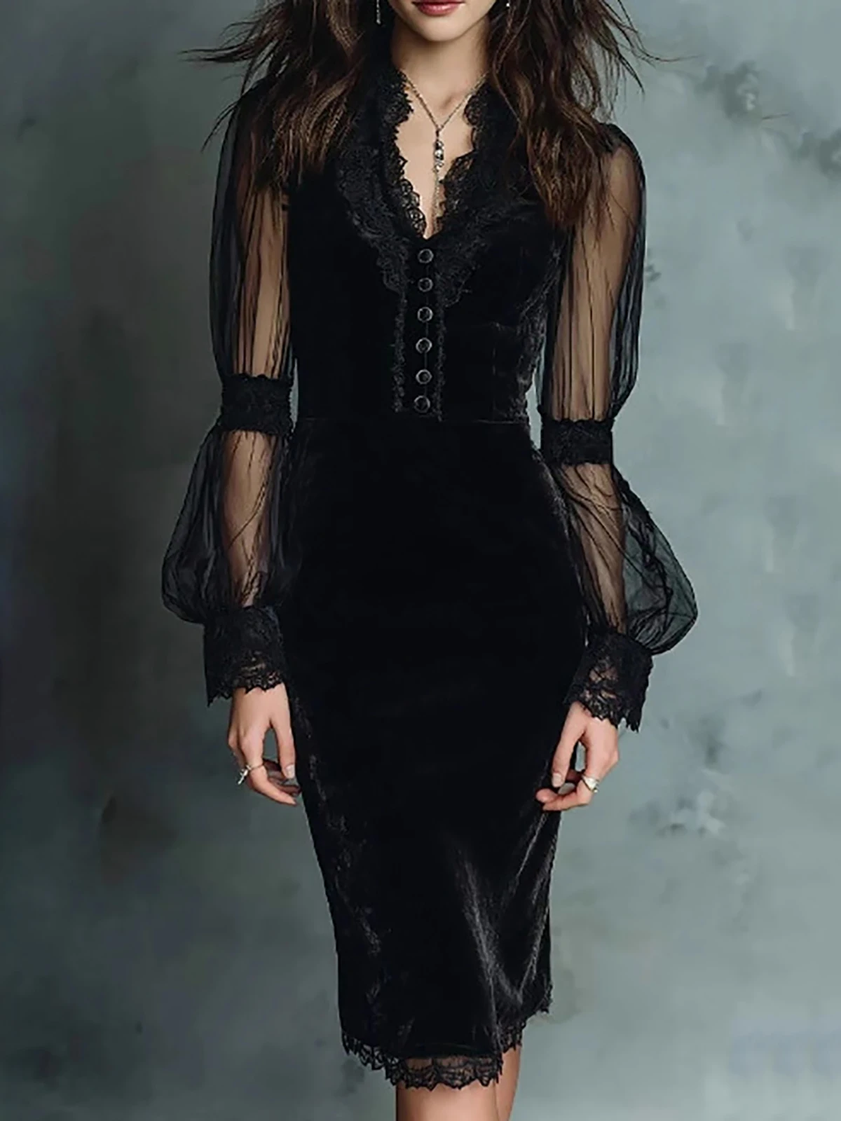 Women's Elegant Mesh Sheer Velvet Evening Dress Black Lace V Neck Vintage Puff Sleeve Bodycon Dress High Street Midi Dresses