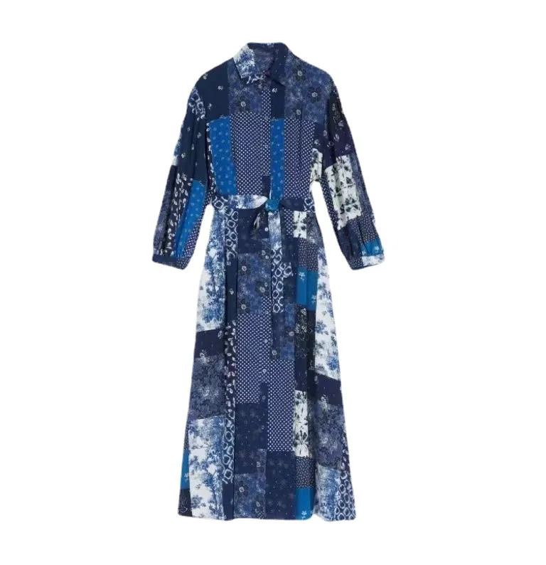 

Женское однобортное платье-миди с принтом, Свободное длинное платье в этническом стиле с длинными рукавами, весна 2024