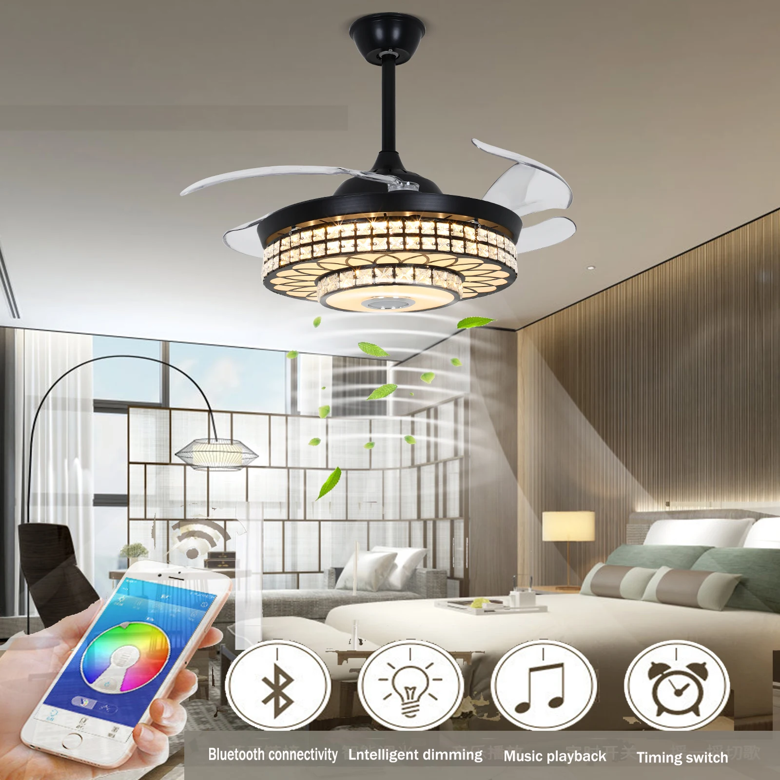 42 Inch Fan Pendant Light Black - Three Color Variable Frequency Band Bluetooth With Remote Control - Us Standard