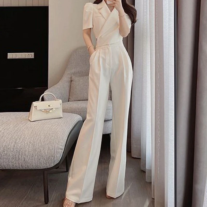 

Women Pants 2 Pieces Sets Fashion Short Sleeve Small Blazers Coats Tops+Straight Pants Office Vintage Woman Two Pieces Outfits
