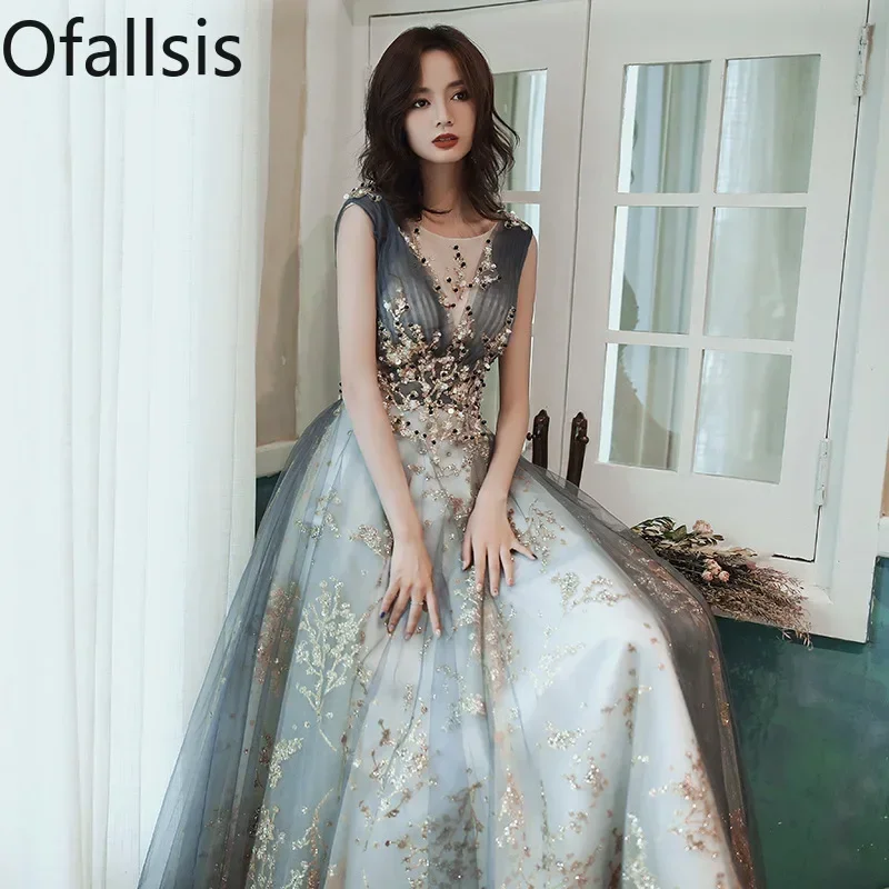 

Ofallsis O neck Sleeveless Evening Dress Banquet 2023 Summer Sequin Annual Meeting Host Temperament Long Birthday Party Dresses