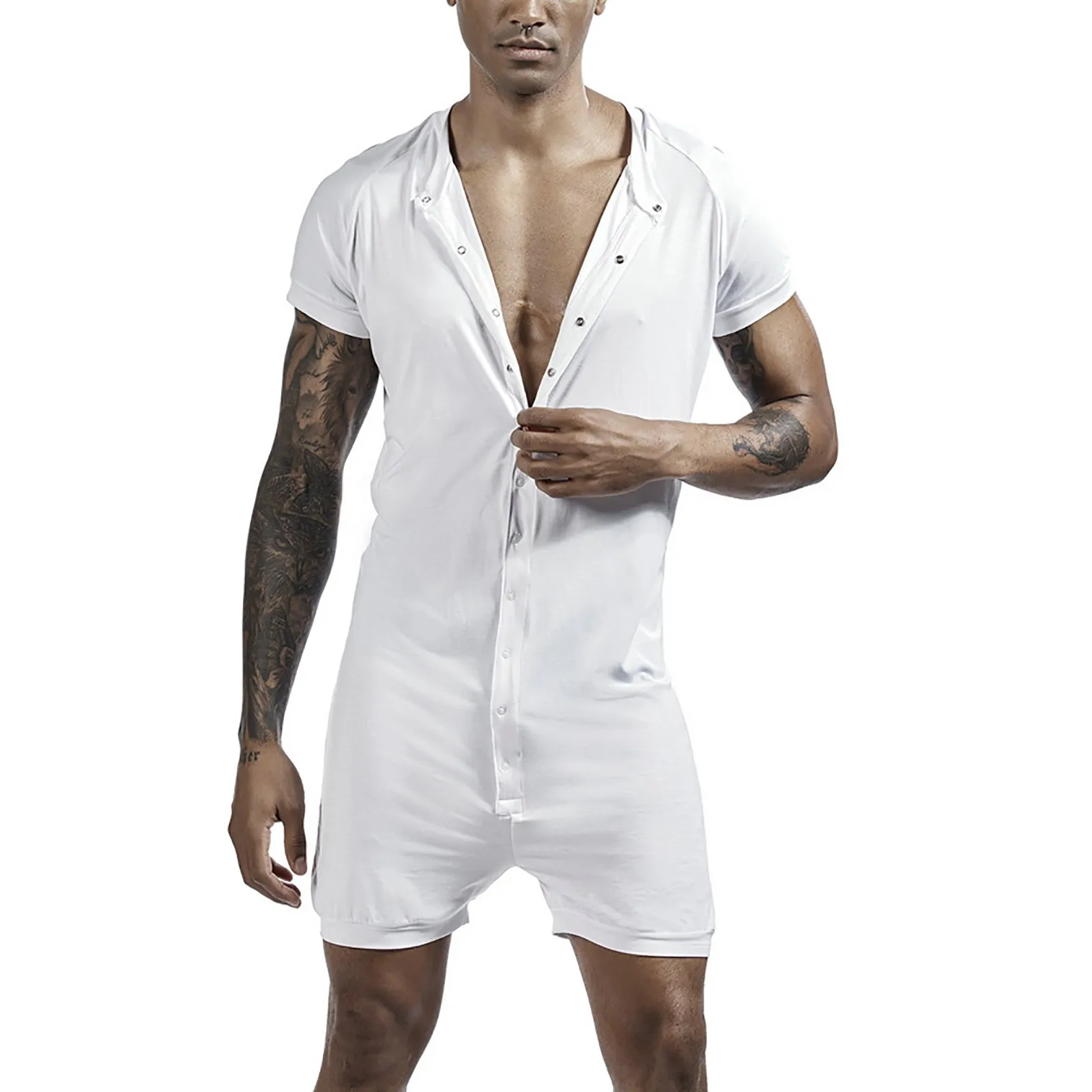 Male Short Sleeve Jumpsuit Spring Tight Soild Color Button Jumpsuit Summer Home Clothes Man Cozy Sleepwears