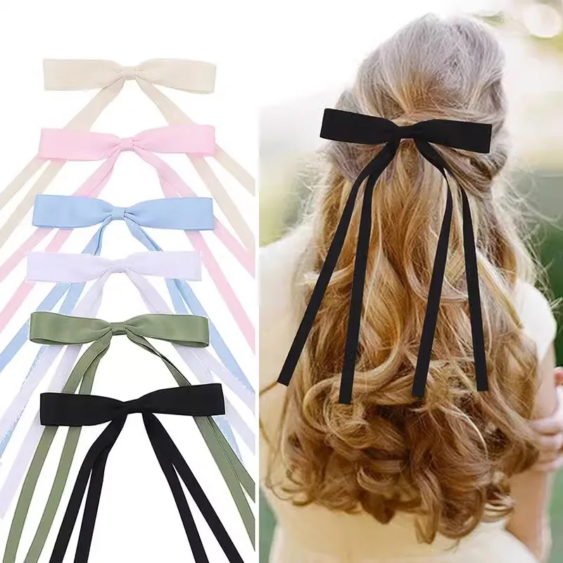 

Bow Long Ribbon Hair Clip Sweet Girl Hairpin Barrettes Solid Color Ponytail Clip Fairy Sweet Headwear Side Clip Hair Accessories