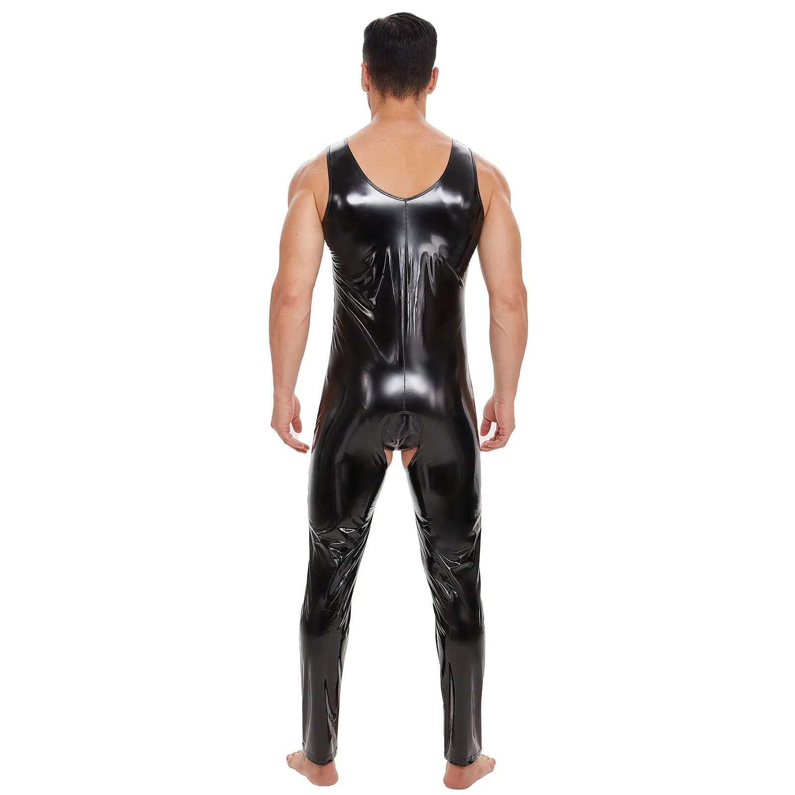 Mens Sexy Open Crotch Leather Jumpsuit Glossy PVC Leather Tank Leotard Zipper Open Breast Latex Bodysuit Crotchless