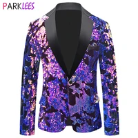 Shiny Purple Sequins Velvet Suit Jacket Men One Button Slim Fit Dress Blazers Mens Wedding Groom Party Stage Prom Blazer Homme 1