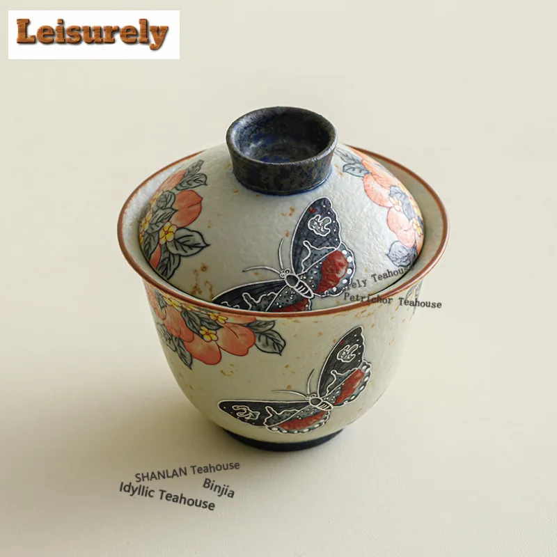 150ml Caramel Glaze Peach Butterfly Gaiwan Traditional Tea Tureen Tea Bowl With Lid Kit Tea Making Cover Bowl Tableware Ornament