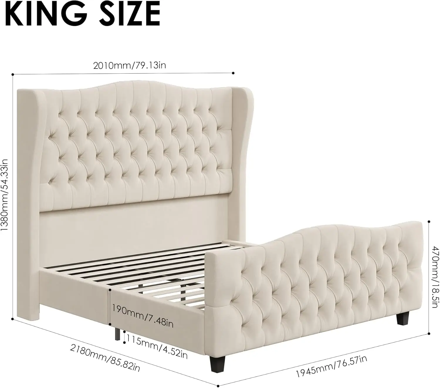 King Size 54.3” Tall Platform Bed Frame with Deep Button Tufted Wingback Headboard and Footboard, Velvet Upholstered Bed Frame 2