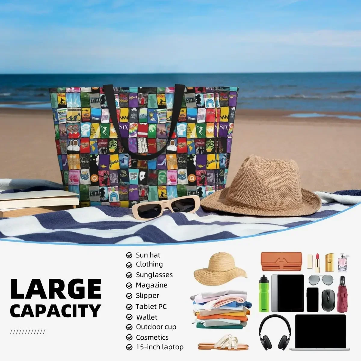 Broadway Poster Bonanza Beach Travel Bag, Tote Retro Practical Gifts Shoulder Multi-Style Pattern