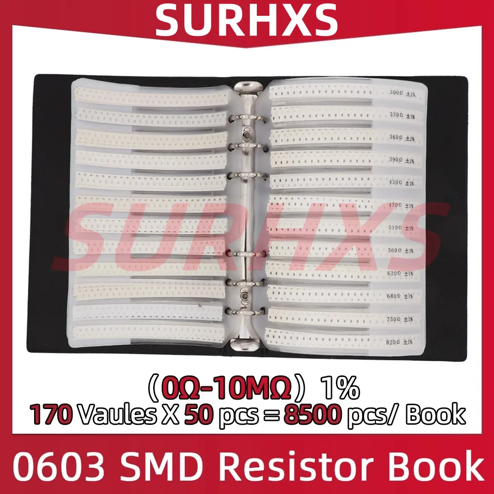 

0603 1% SMD Resistor Sample Book RC0603 FR-07 0R~10M Tolerance 170 Values 50pcs 8500 pcs Resistors Kit 8500 PCS/BOOK