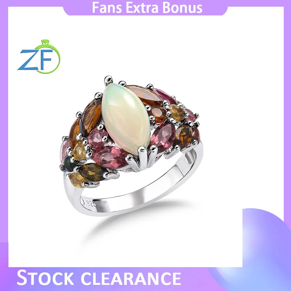 

GZ ZONGFA Pure 925 Sterling Silve Colorful Rings for Women Natural Opal Tourmaline 3.6ct Gemstone Sparkling Trendy Fine Jewelry