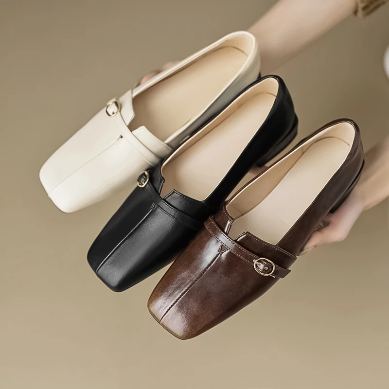 Spring New Square Toe Women's Loafers Shoes Metal Buckle Decorated Low Heels Shoes Women's Leather Shallow Commuting Daily Shoes