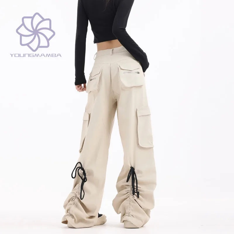 

Retro Cargo Pants for Women High Street Spicy Girl Style Loose Multi Pockets Drawstring Casual Pants Female Trouser