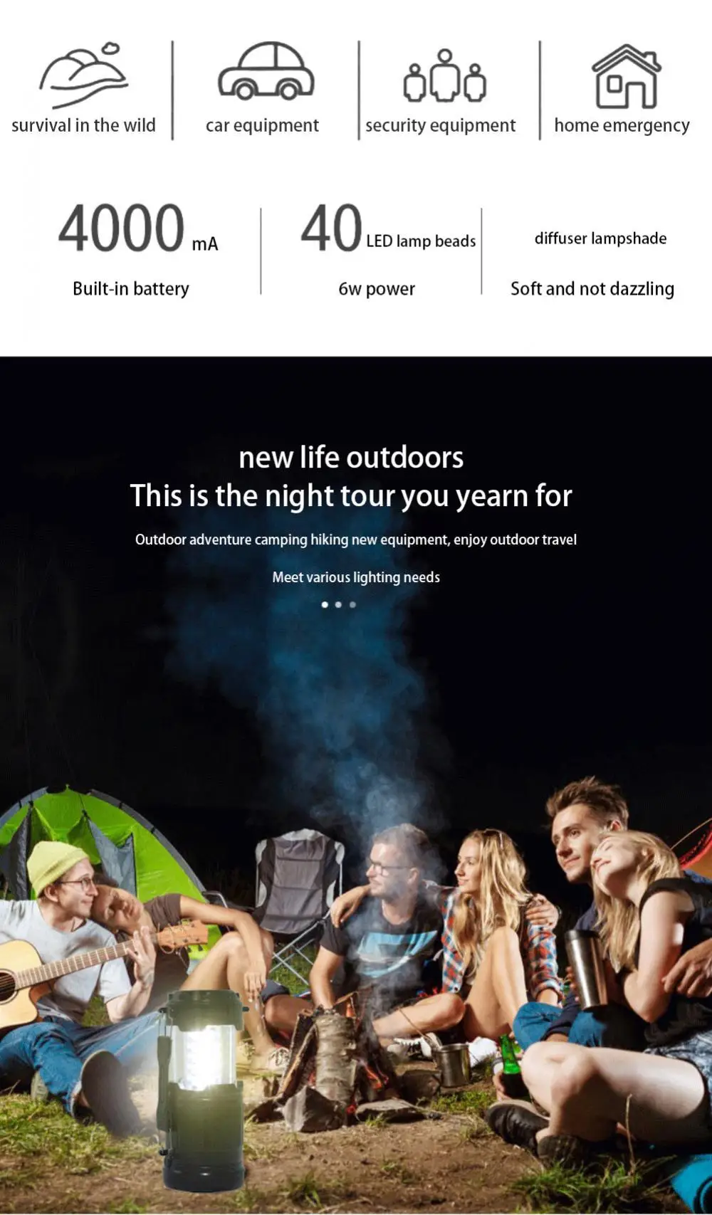 Description Picture 2 of itemMini COB Tent Lamp LED Portable Lantern TelescopicTorch Camping Lamp Waterproof Emergency Light Powered By Working Light Without