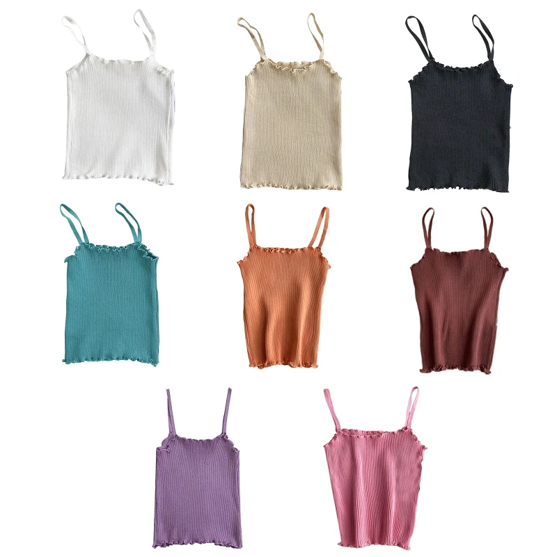 

Women Ribbed Knitted Sleeveless Camisole Crop for Tank Top Solid Candy Color Lettuce Trim Bottoming Vest