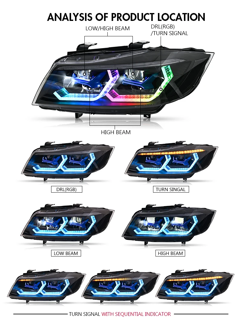 RGB-Scheinwerfer für 2009-2012 BMW 3er-Serie E90 E91 320i 323i 325 330 335 Halogen-Version Wetterbeständig Nahtloser Ersatz – Detail 3