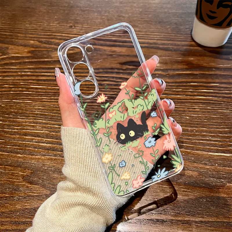 Cute Cartoon Black Cat Floral Clear Phone Case Cover