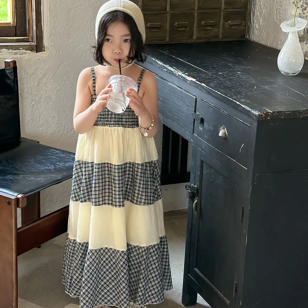 

Little Girls Beach Dress Ins Summer Patchwork Plaid Sleeveless Square Collar Ankle Length Muslin Baby Girls Dress Kid Girl Dress