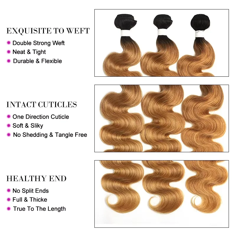 Brazilian Human Hair Bundles 1B/27 Ombre Brown Body Wave Hair Weave Bundles 8-26inch Remy Extension 1/3/4 PCS KEMYHAIR
