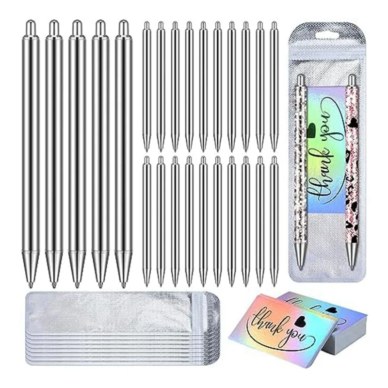 

Stainless Steel Pen Blank Resealable Bags And Holographic Thank You Cards Set For DIY Glitter Pen Epoxy Pen Packaging Silver
