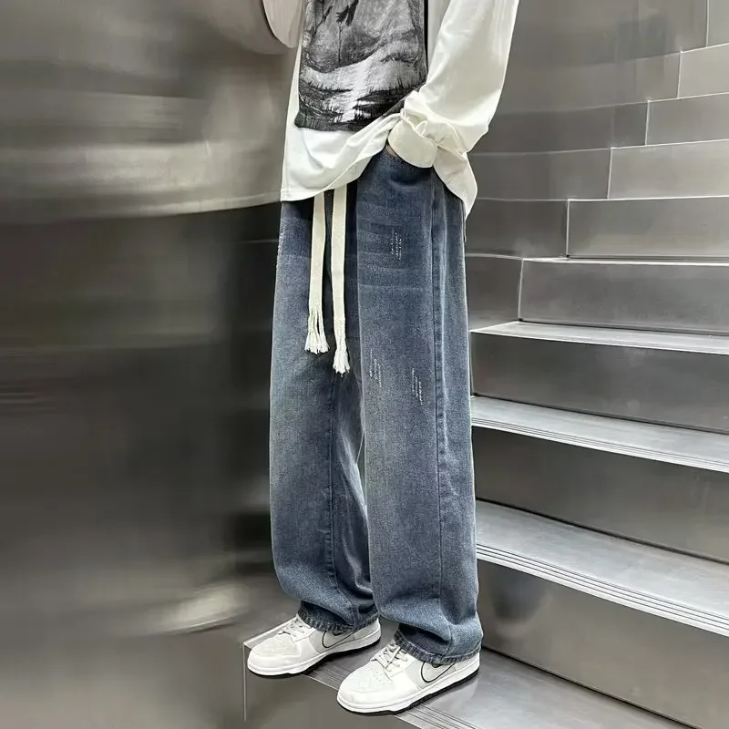 

Мужские джинсы с широкими штанинами, уличные свободные прямые штаны, брюки для бега, свободные штаны в стиле хип-хоп, модные трендовые однотонные брюки в стиле ретро, зима 2023