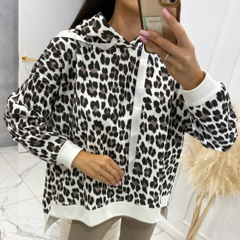 

Vintage Leopard Print Loose Hoodies Sweatshirt Women Drawstring Hooded Tops Pullover Autumn Winter Long Sleeve Irregular Jumpers