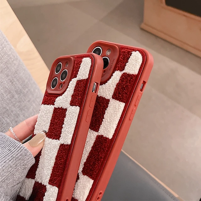 Fluffy Plush Rhomboid Plaid Phone Case For iPhone 13 12 11 Pro Max X XR XS  Max 7 8 Plus Fuzzy Wool Fabrics Checkerboard Cover - AliExpress