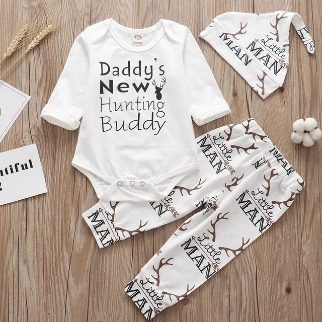 Newborn infant Baby Boy Clothing Set 2022 Christmas Daddy's New Hunting Buddy  Romper+Pants+Hat 3PCS Babe Clothes Outfit - AliExpress