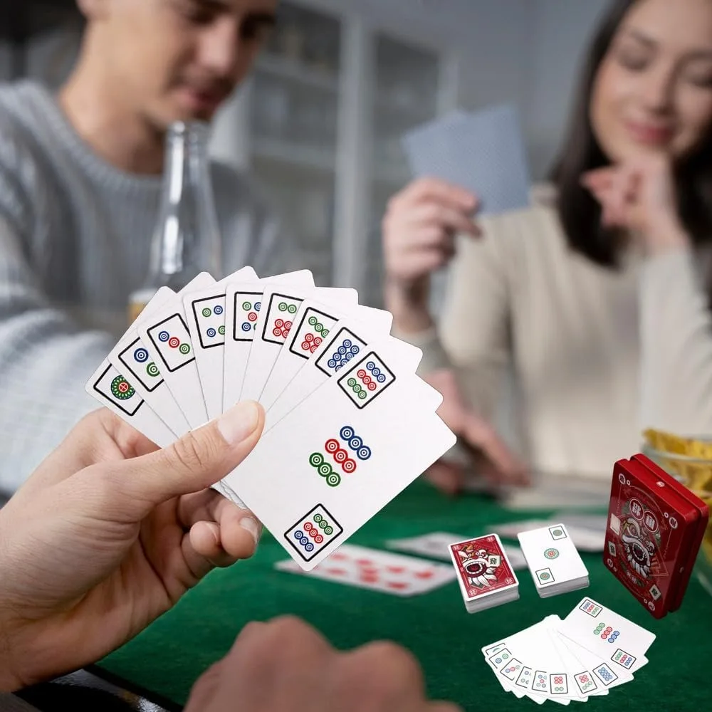 Playing Cards Mahjong Card Game Set-144 Mahjong Playing Cards, 2 Dices, Chinese Mini Playing Cards for Parties, Family Activities